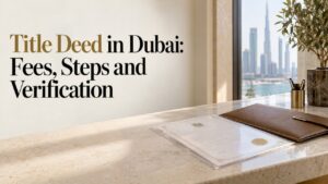 Title deed certificate beside bronze folder